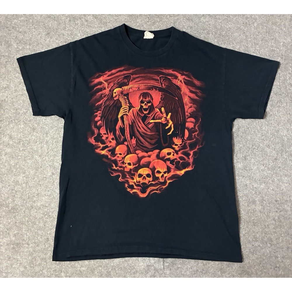 Vintage Grim Reaper Skull Graphic T Shirt Black Red Lightning Mens Large Y2K